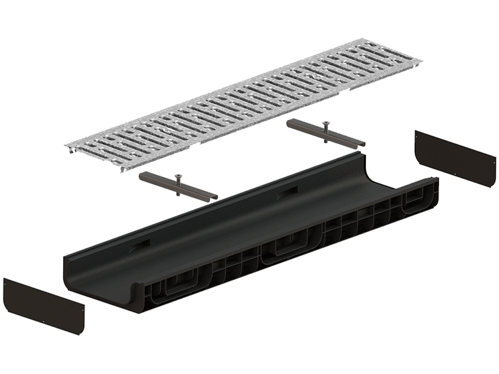 Лоток водоотводный пластиковый BASE DN150 H100 с решеткой щелевой стальной оцинкованной A15 (1000x206xH100мм)